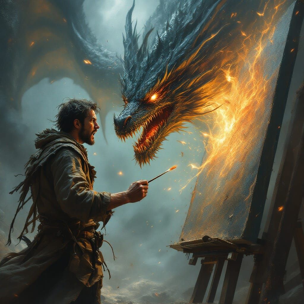 Dragon Emerges from Canvas in Hyper-Realistic Matte Painting