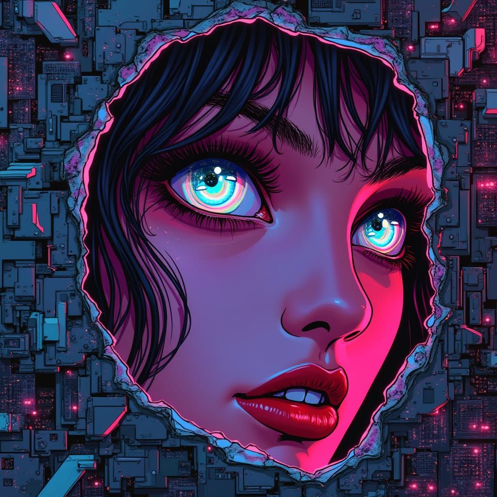 Cyberpunk Woman's Face Through Glitch Screen