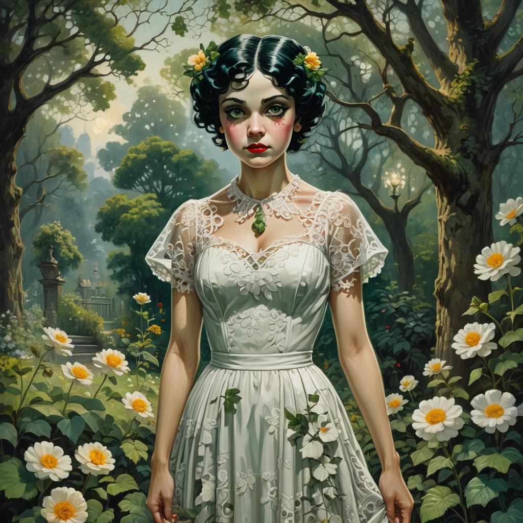 Green Eyed Betty Boop in Garden, Horror Oil Painting