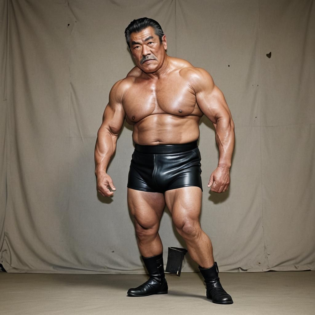 Muscular Japanese Wrestler Posing Defiantly