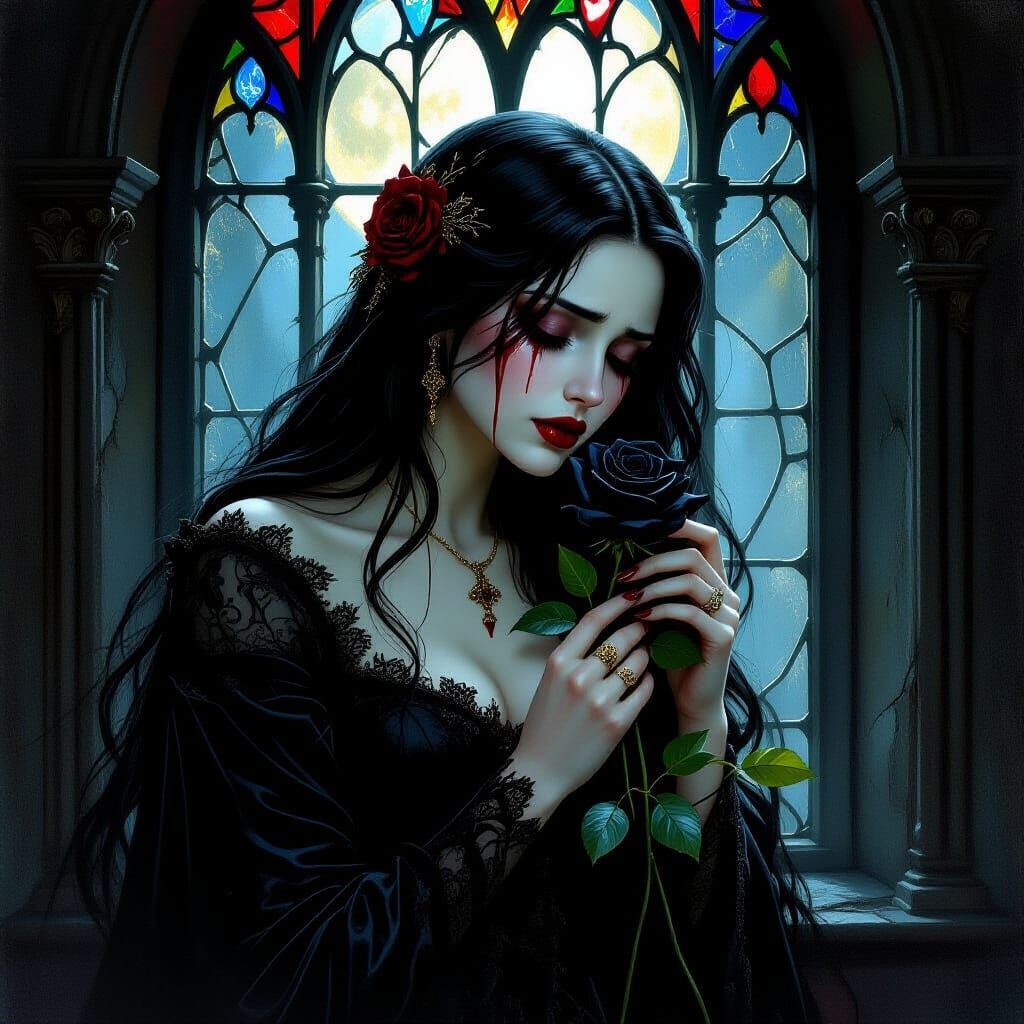 Gothic Vampire Weeps Blood Tears for Lost Love in Moonlight