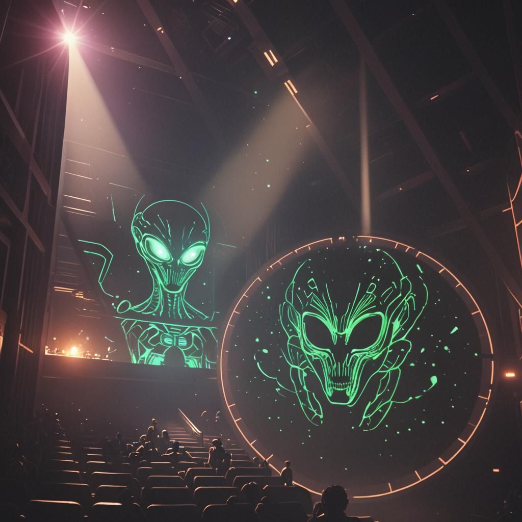 Neon Lit Auditorium with Alien Audience in 3D