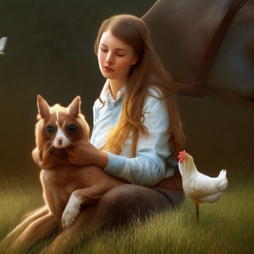 Farmhouse Portrait with Animals in Hyperdetailed Style