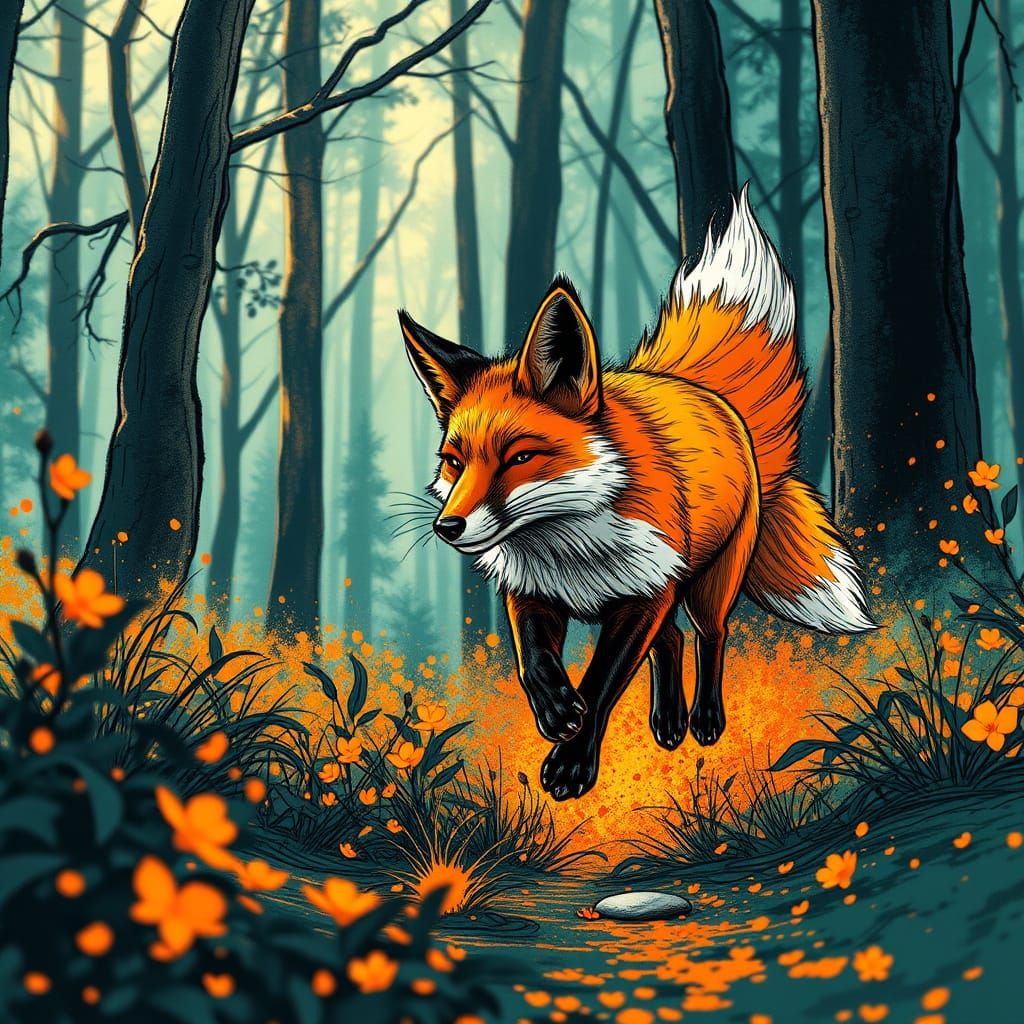 Fox Runs through Woods in Vibrant Ink Art Style