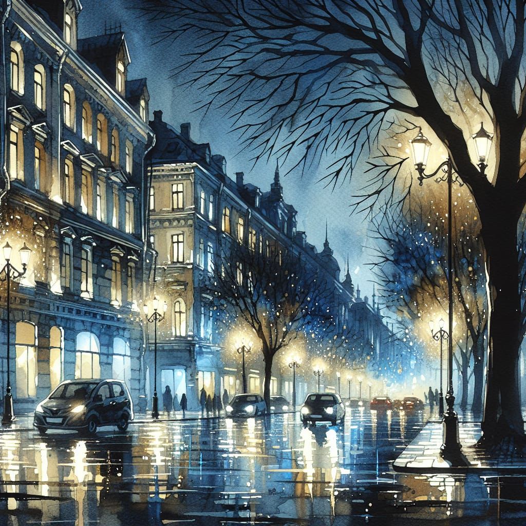 Melancholic Cityscape at Night in Watercolor Style
