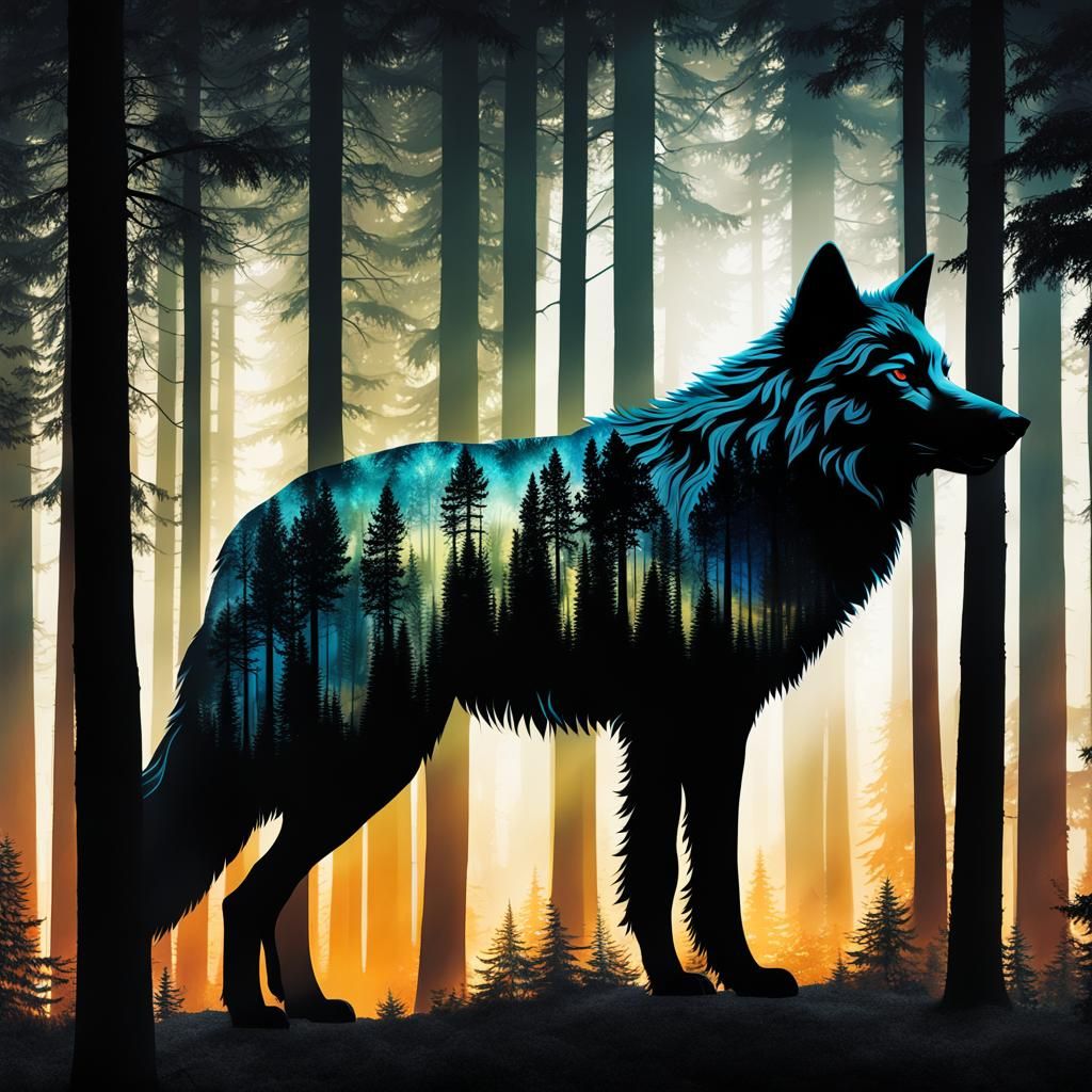 Mystical Wolf Silhouette Double Exposure Art