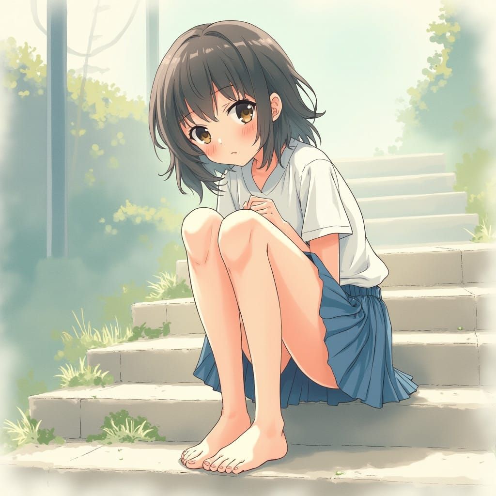 Delicate Japanese Beauty Sitting on Outdoor Stairs