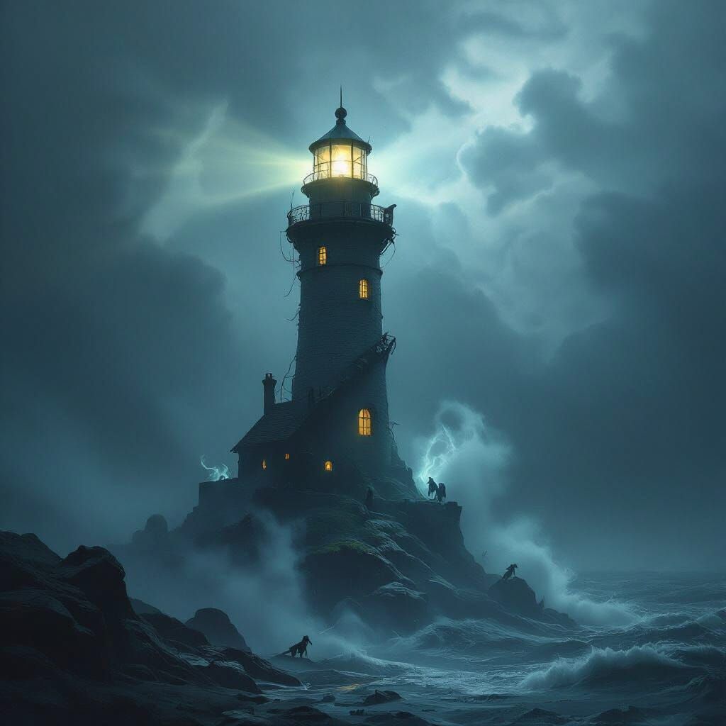 Lighthouse Against Dreamlike Sea in Dark Fantasy Style