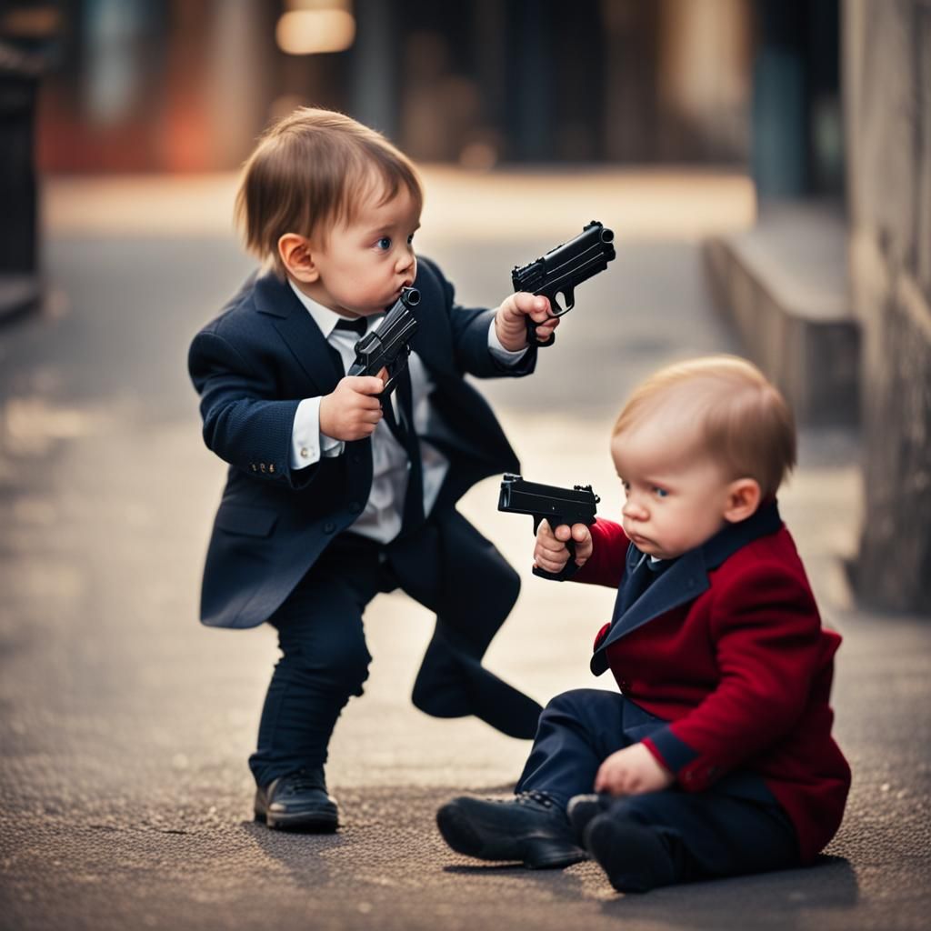 Baby Points Gun at Mafia Boss, Professional Photography
