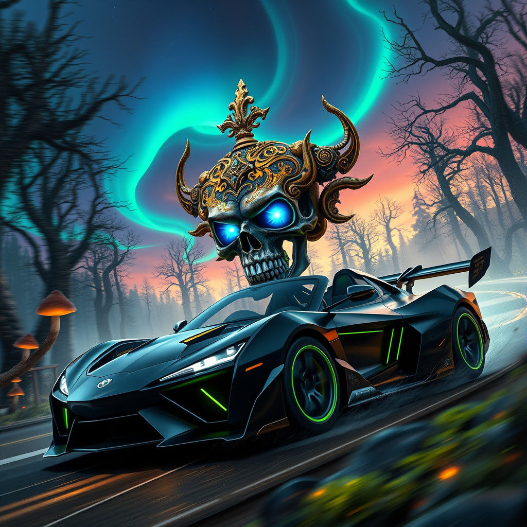 Ornate Skull Driving Car Through Mystical Forest