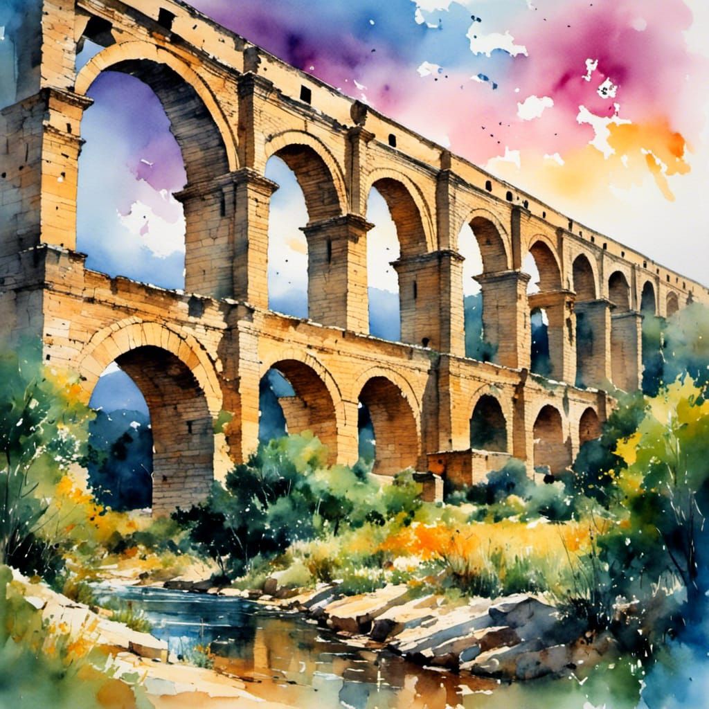 Pont du Gard: Roman Aqueduct in Lush Watercolor