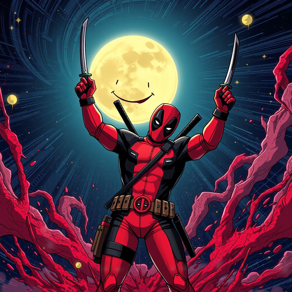 Deadpool High-Fives the Moon in Anime Style