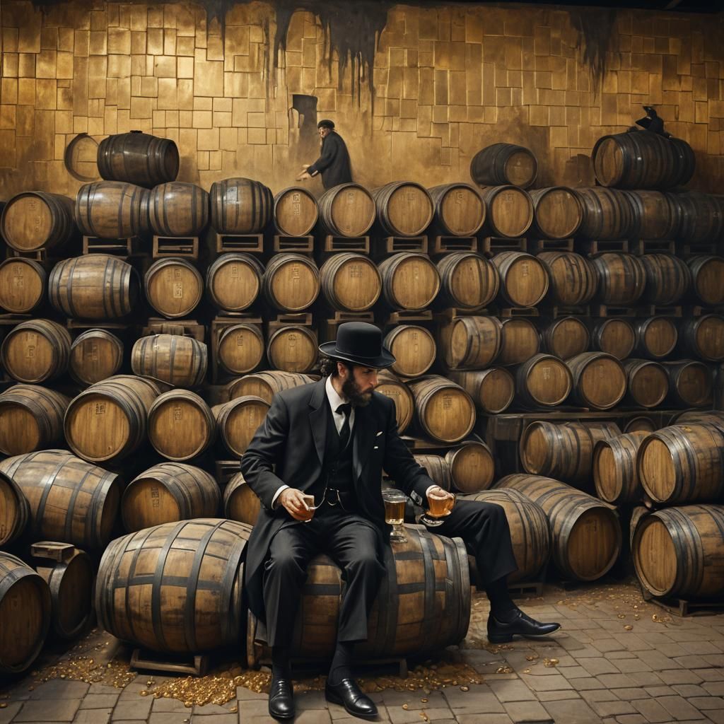 Hasidic Jew Drinks Golden Drink: Cinematic Matte Painting