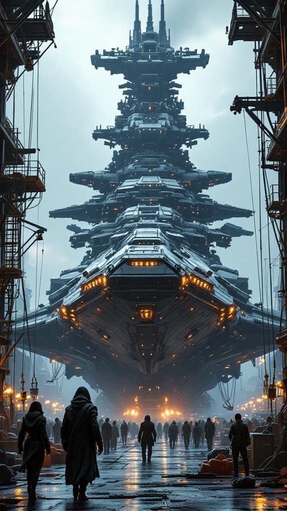 Massive Sci-Fi Warship in Industrial Dockyard, Sci-Fi Art
