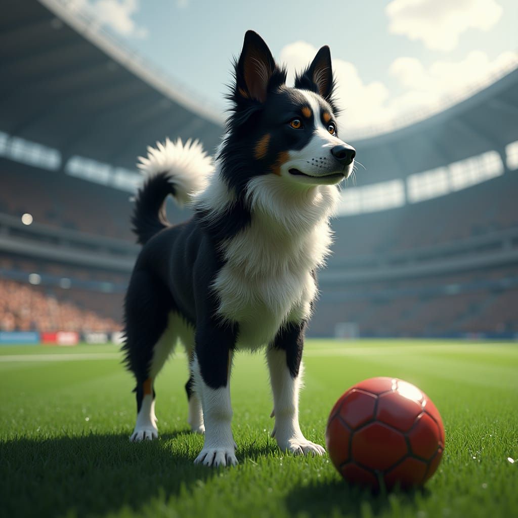 Dog on Football Field in Detailed Matte Painting Style