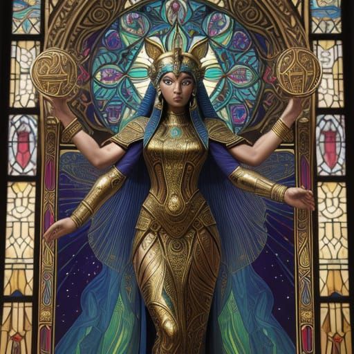 Egyptian Goddess in Vibrant Stained Glass Mosaic