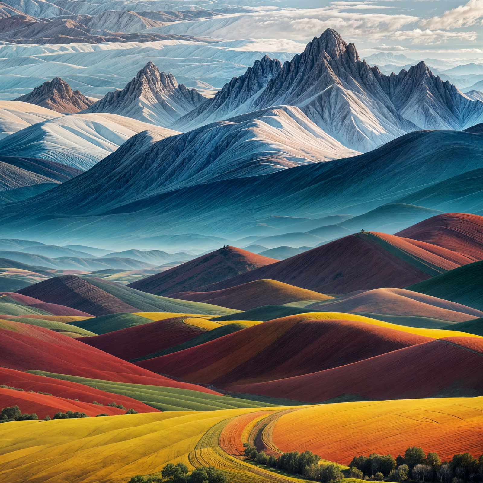 Surreal Plaid Mountainscape with Wanderer