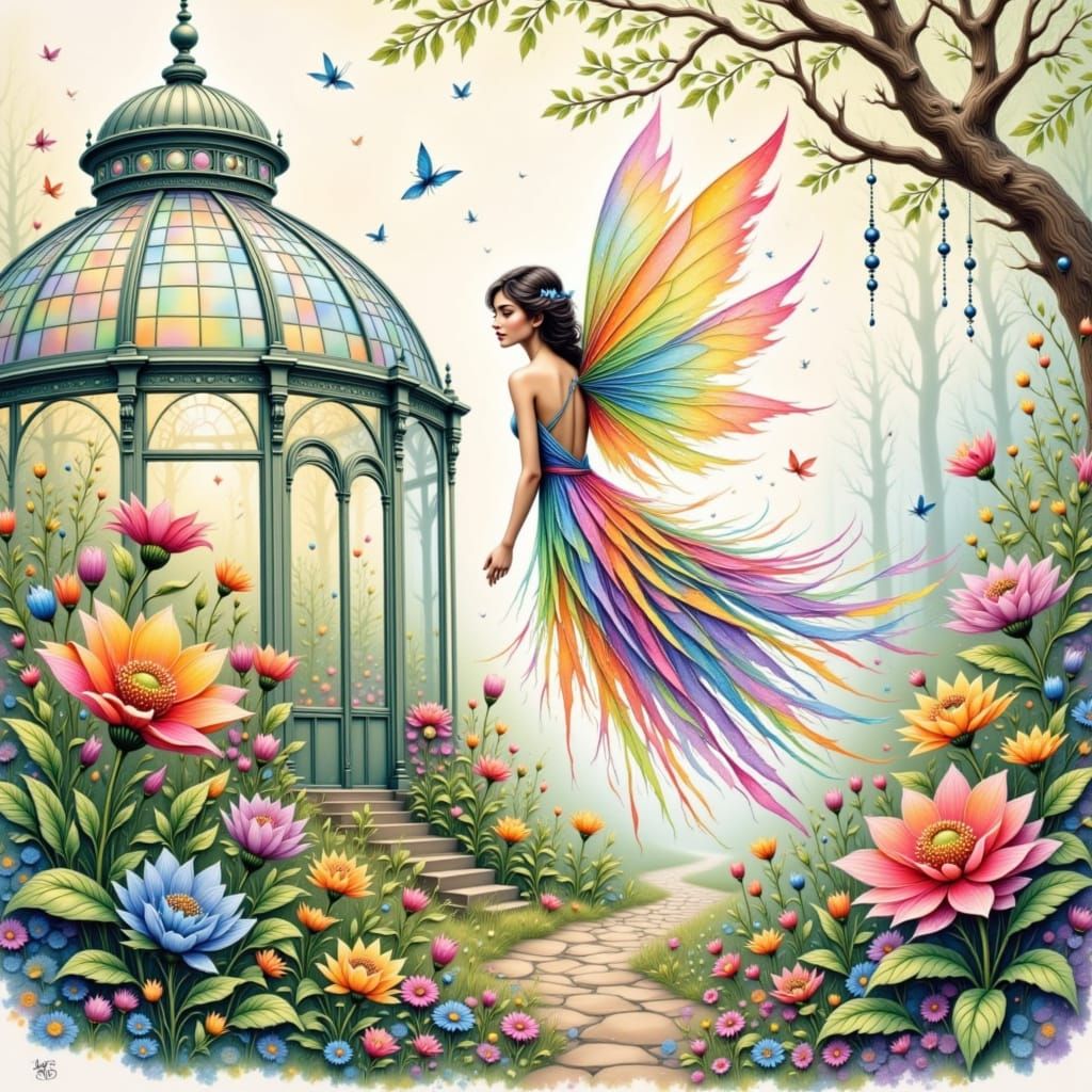 Ethereal Fairy in Ink Sketch Style Near Victorian Greenhouse