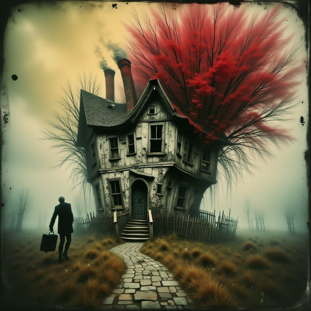 Surreal Melancholy House Embraced by Fiery Tree