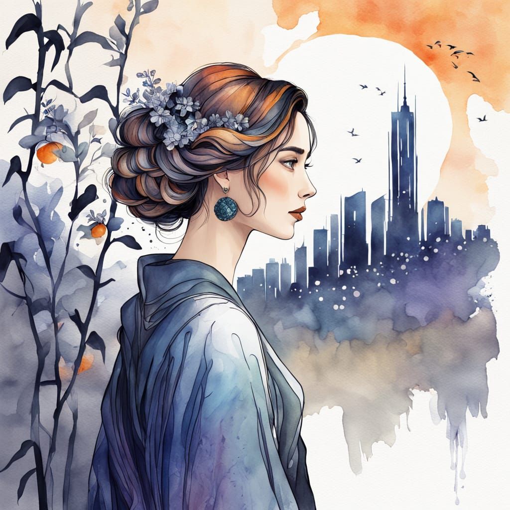 Woman with Architectural Hair in Watercolor Style
