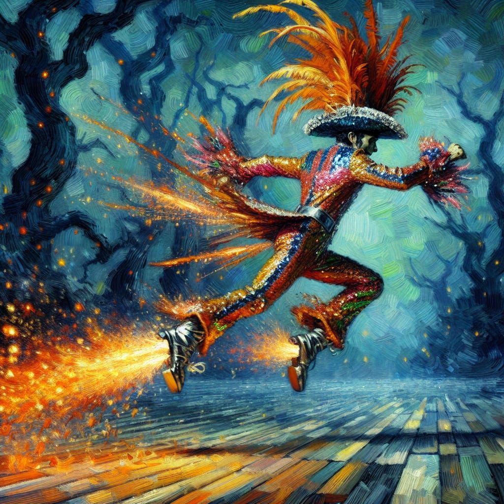 Adventurer Leaps Across Haunted Stage in Painterly Realism