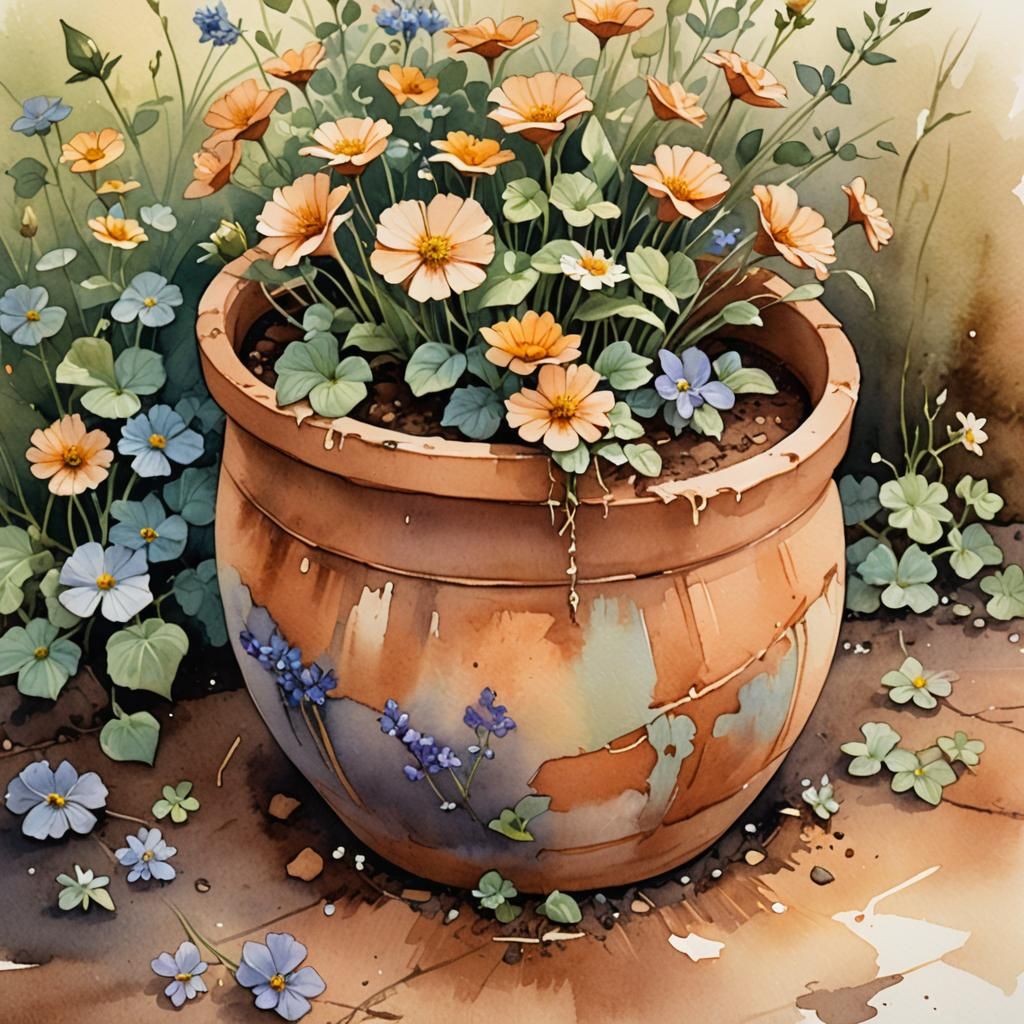 Watercolor of Broken Pot with Flowers in Pastel Colors