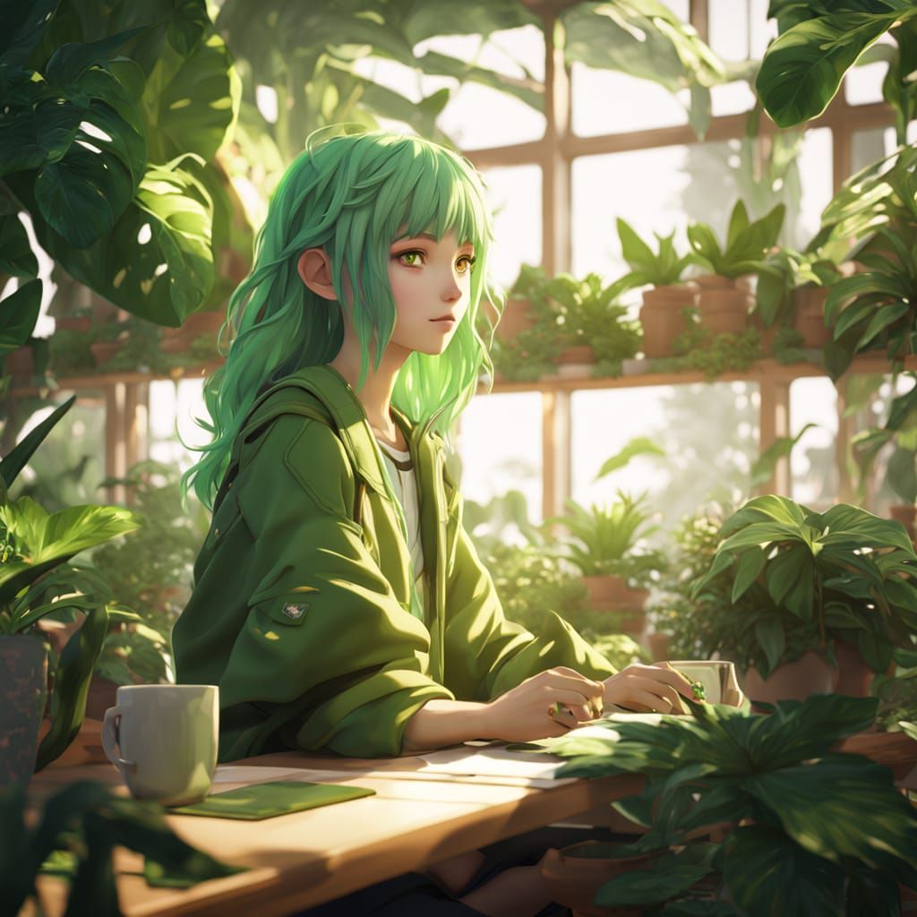 Surreal Anime Dryad Girl in Whimsical Biophilic Coffee Shop