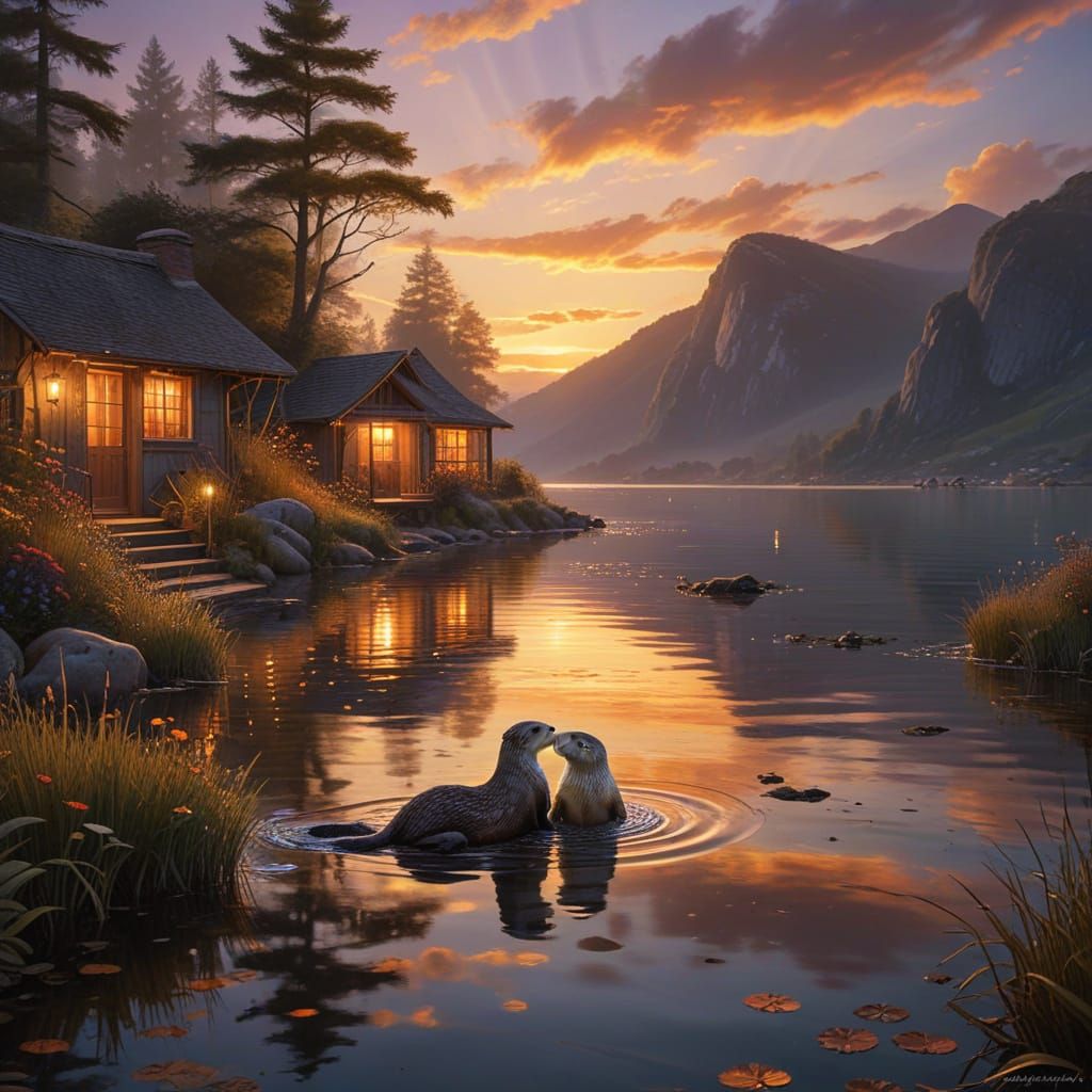 Vibrant Sunset Sky with Chalets and Otters in Golden Twiligh...