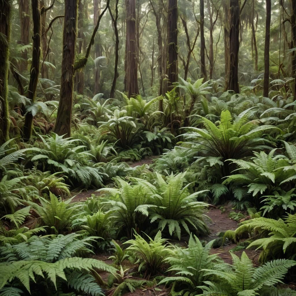 Subtropical Redwood Forest with Ferns and Cycads