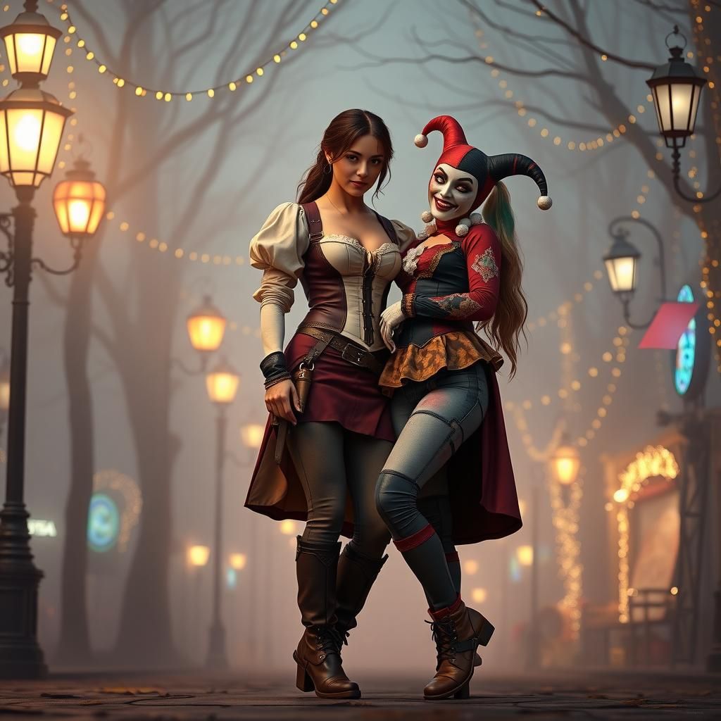 Victorian Embrace: Sensual Encounter in Foggy Lights