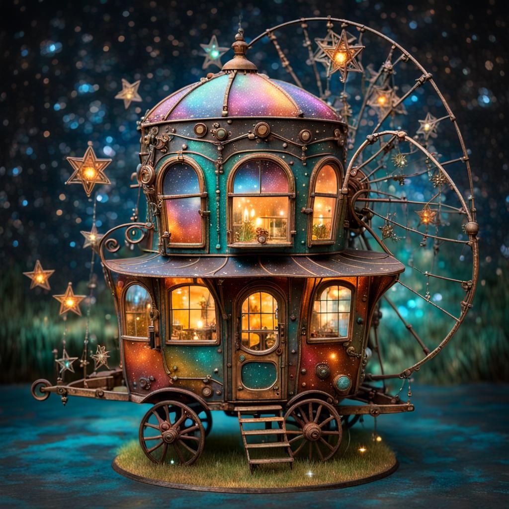Surreal Steampunk Gypsy Wagon in Field with Stars