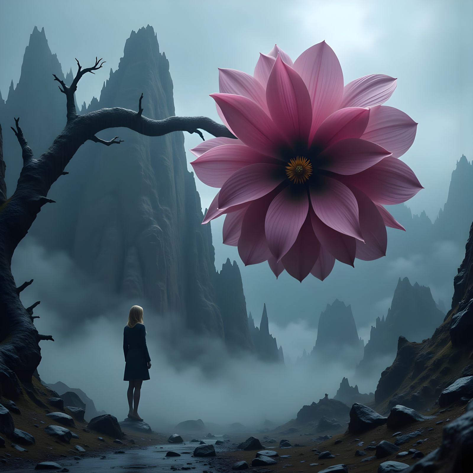 Surreal Dystopian Landscape with Collosal Pink Flower