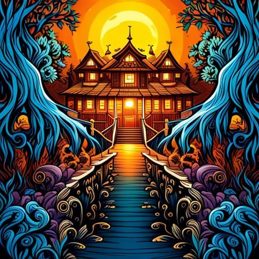 Colorful Palace Treehouse Cabin Splash Art Painting