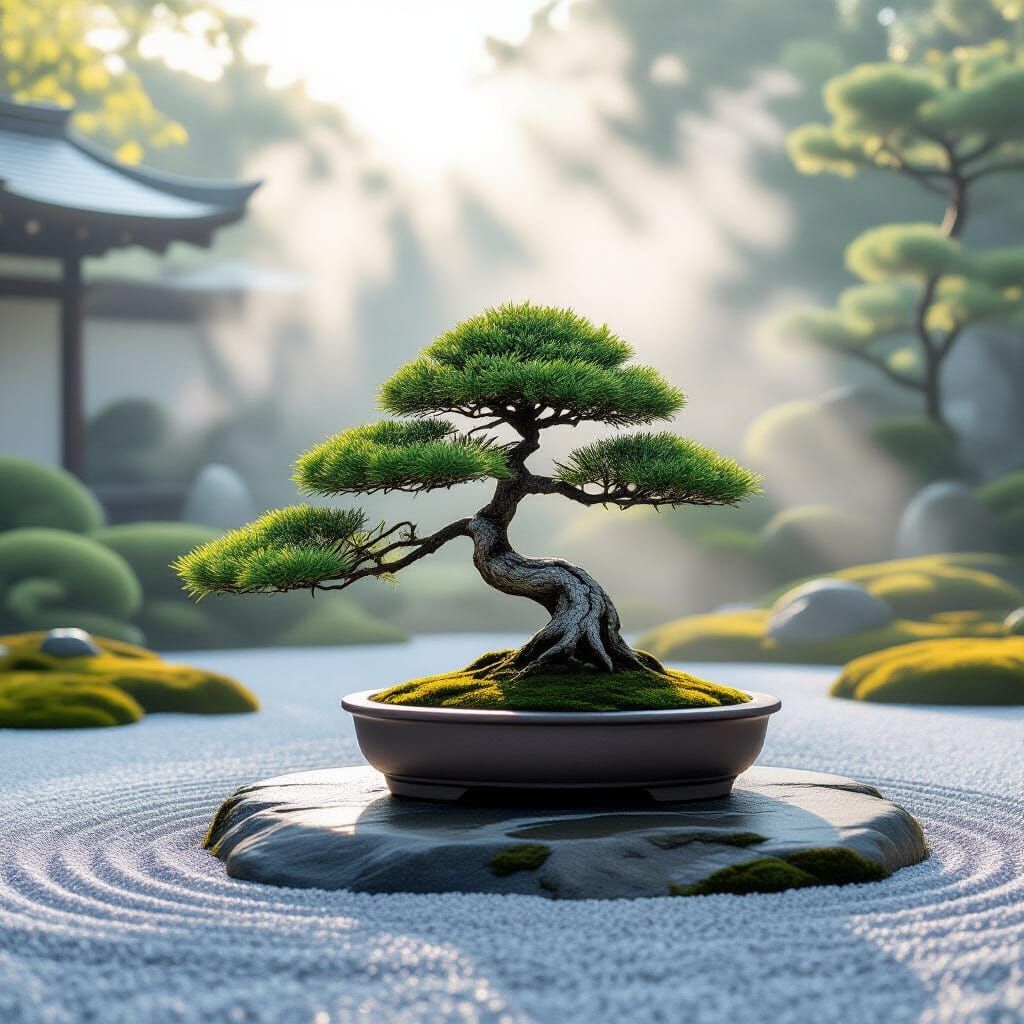 Ancient Bonsai in Misty Zen Garden