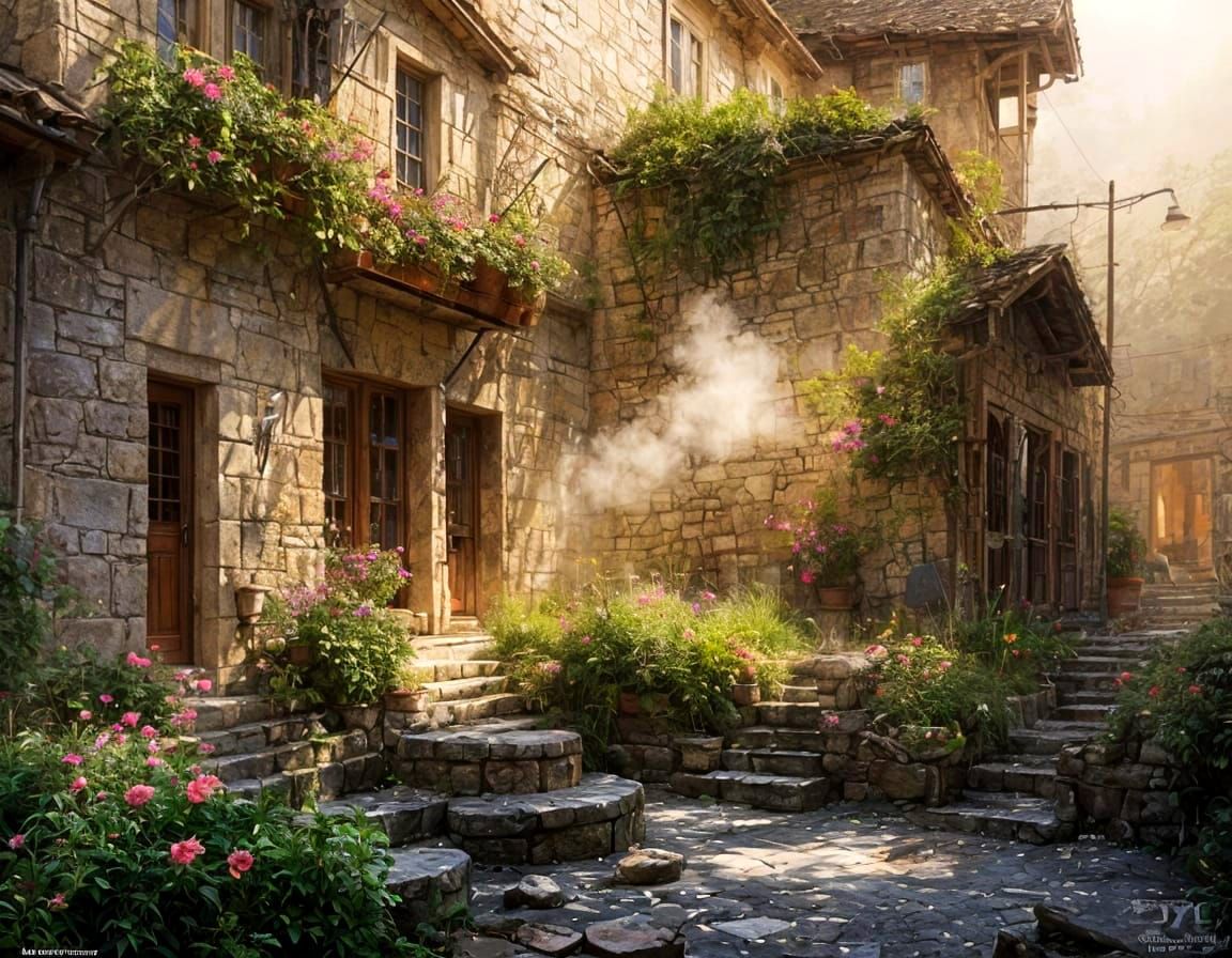 Rustic Watercolor Coffee Scene Under a Dramatic Sunset