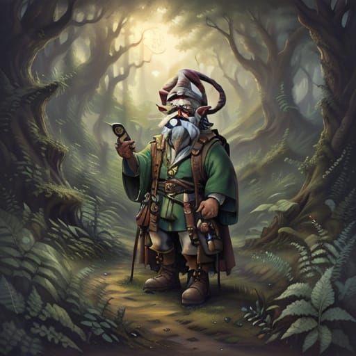 Whimsical Gnome Engaged in Mysterious Forest Tasks