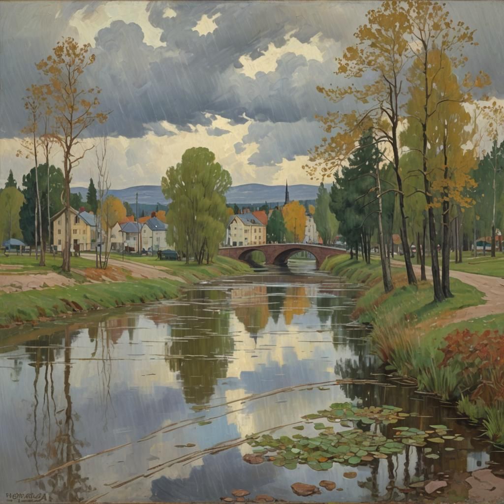 Expressionist Painting of Rainy Tampere Landscape