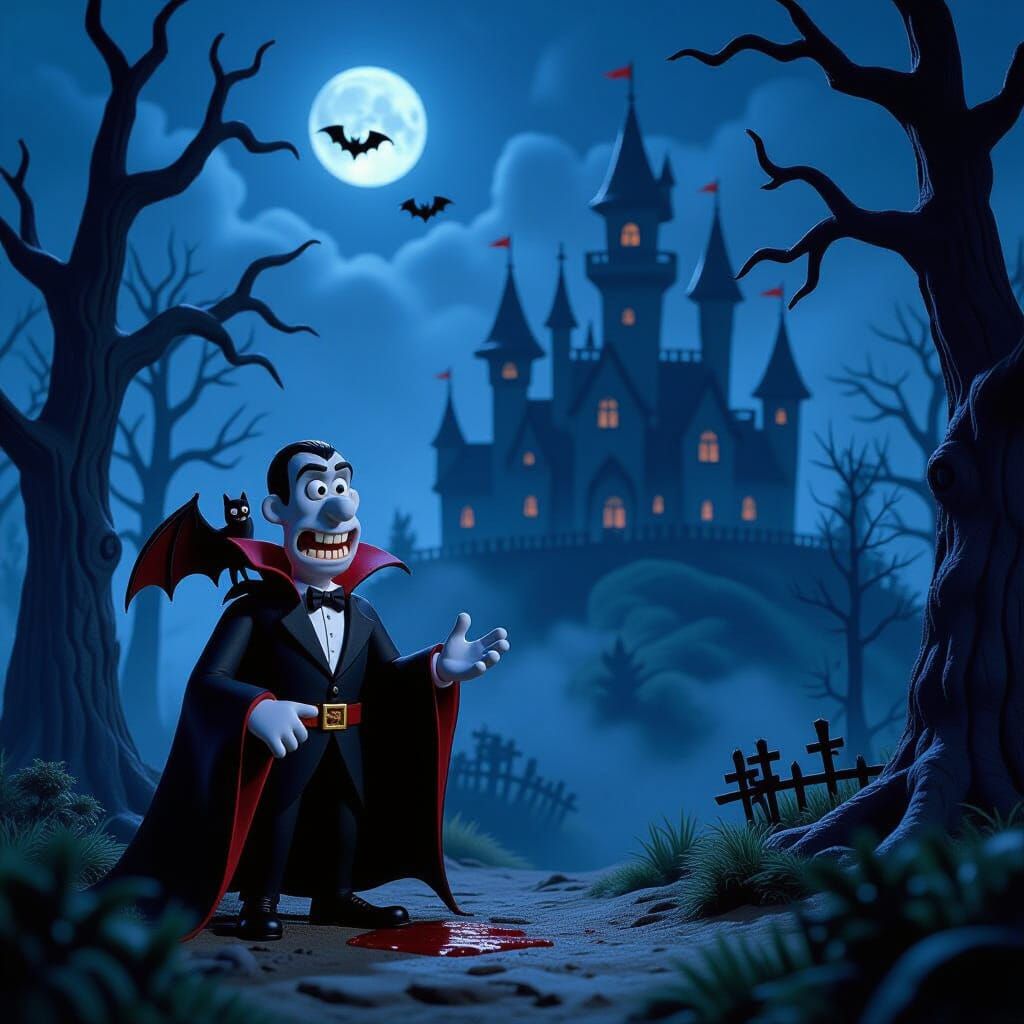 Claymation Dracula in Haunted Forest with Gothic Castle