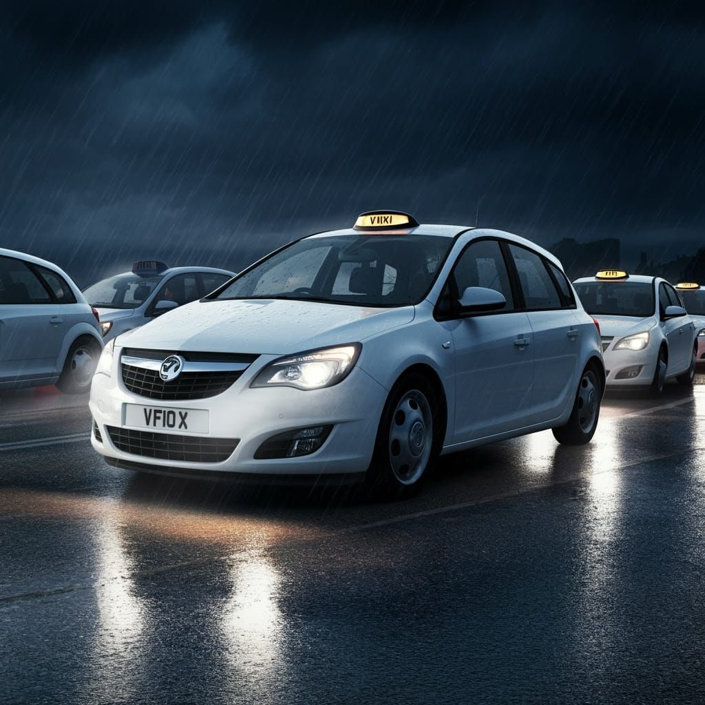 Taxis Drive Through a Dark Stormy Night in Unison