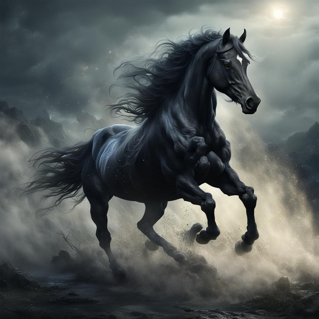 black horse running through mist
