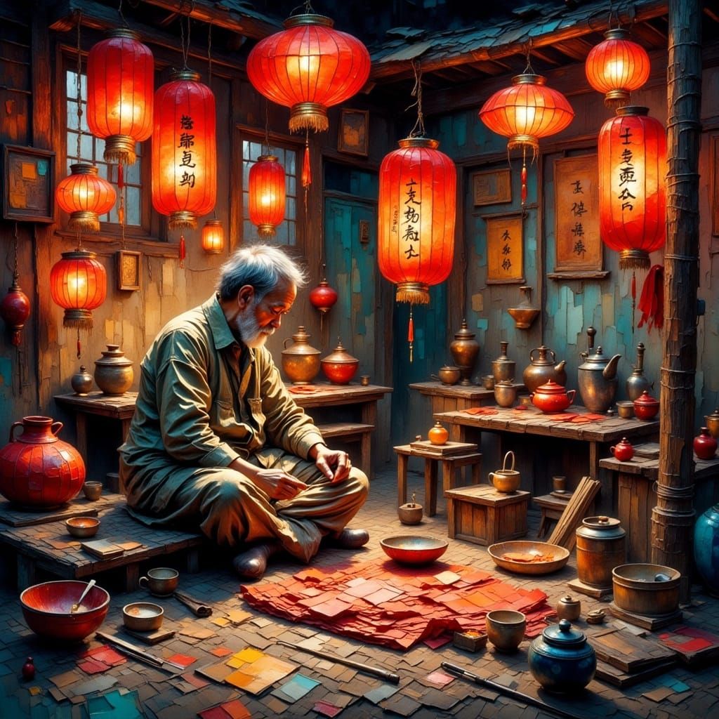 Traditional Lantern Maker in a Village Workshop