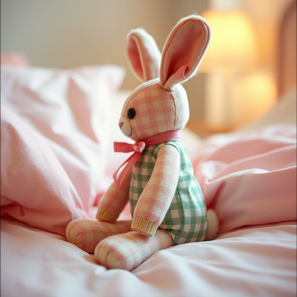 Kawaii Gingham Bunny Plushie in Cinematic Film Still