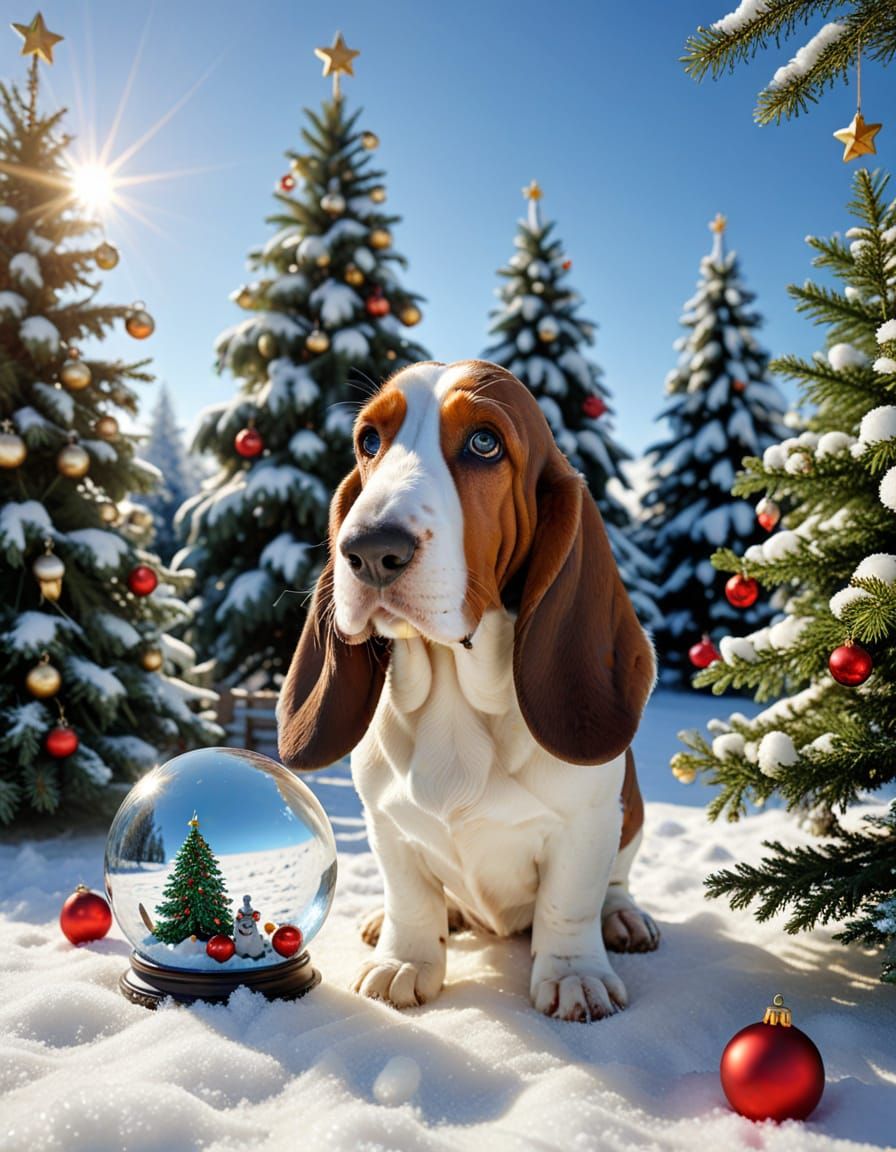 Christmas Basset Hounds as Regal Portraits & Forest Scenes