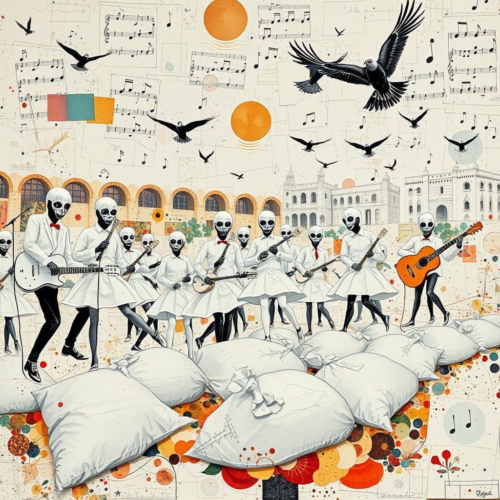 Surreal White Abstraction with Dancing Musicians
