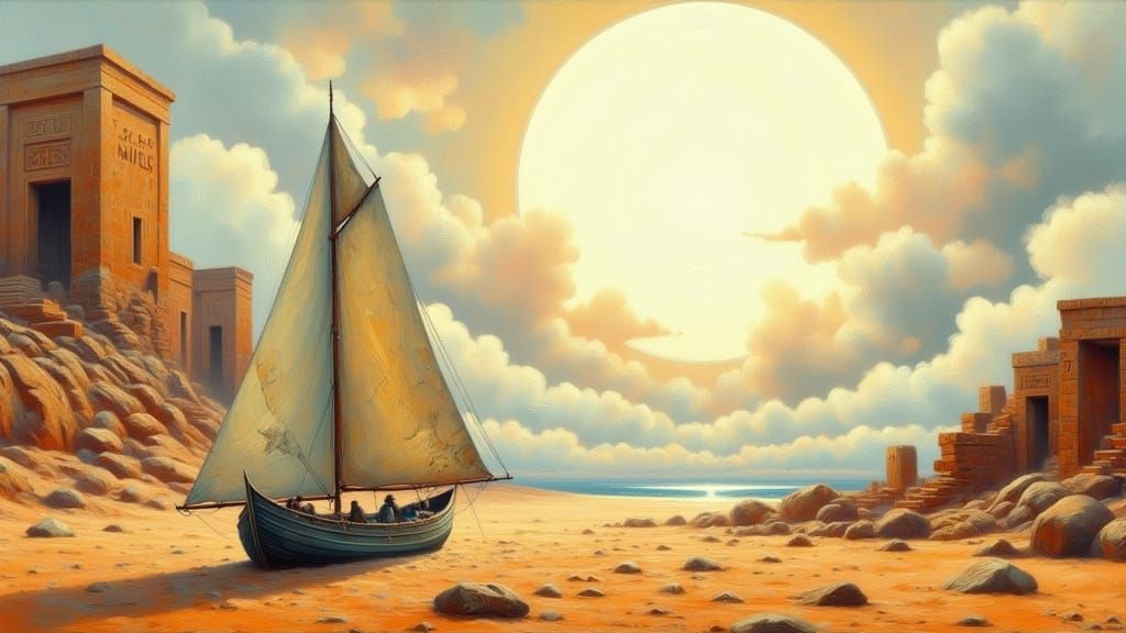 Weathered Sailboat Amidst Ancient Ruins in a Post-Apocalypti...