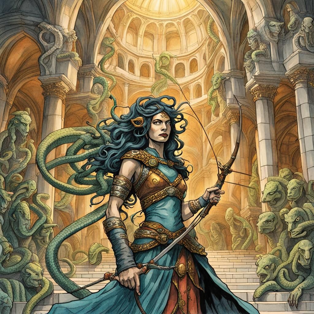 Medusa Archer in Grand Cathedral: Fantasy Illustration