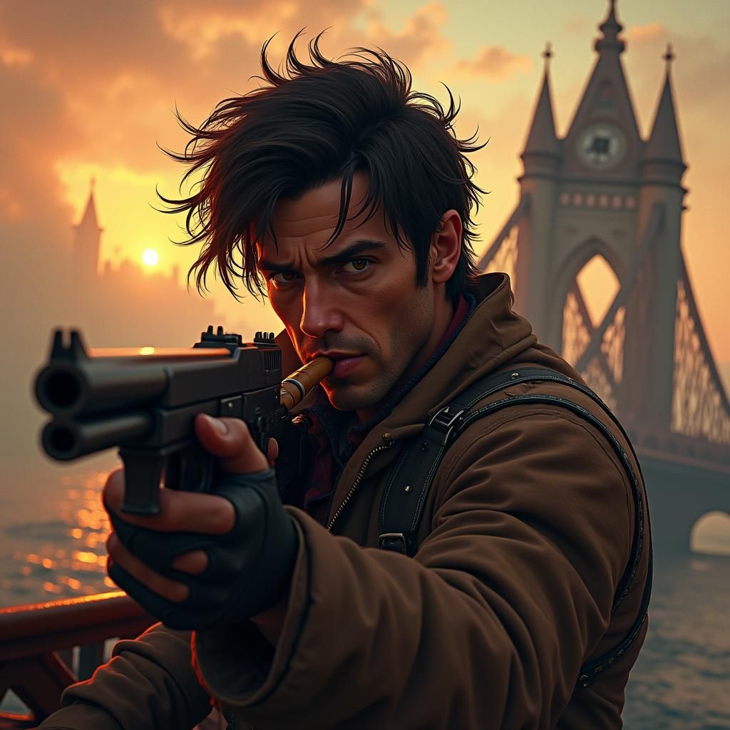 Piltover Enforcer on Zaun Bridge in Arcane Style