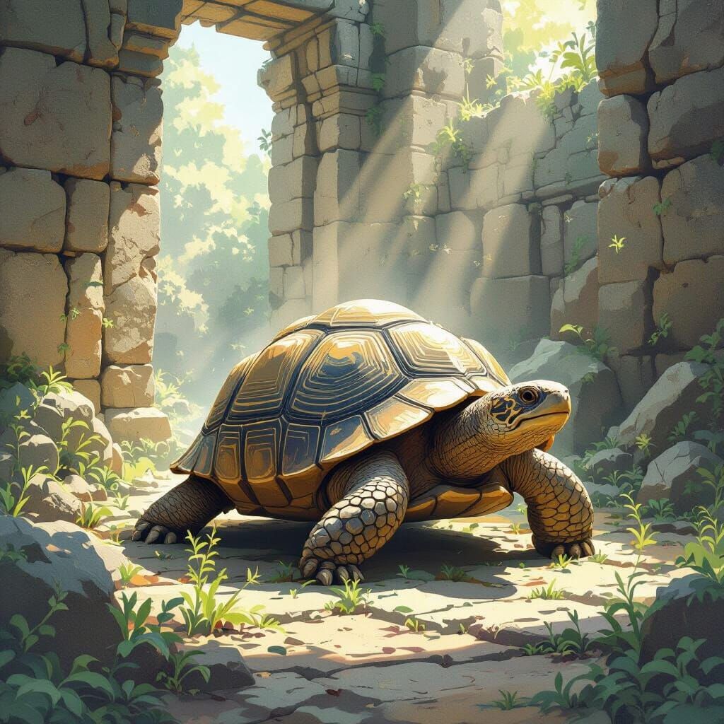 Ancient Carved Tortoise in Overgrown Temple Ruins