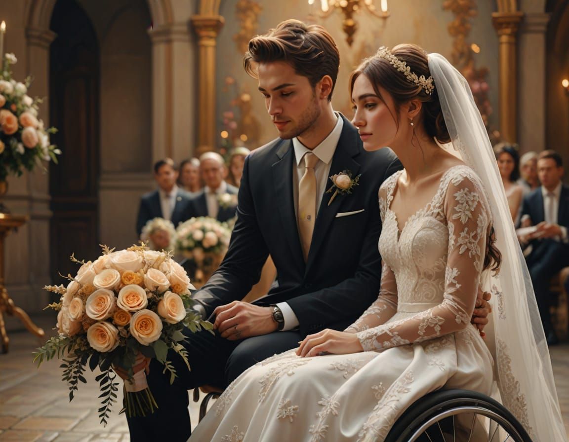 Romantic Wedding Scene: Bride in Wheelchair, Oil Painting