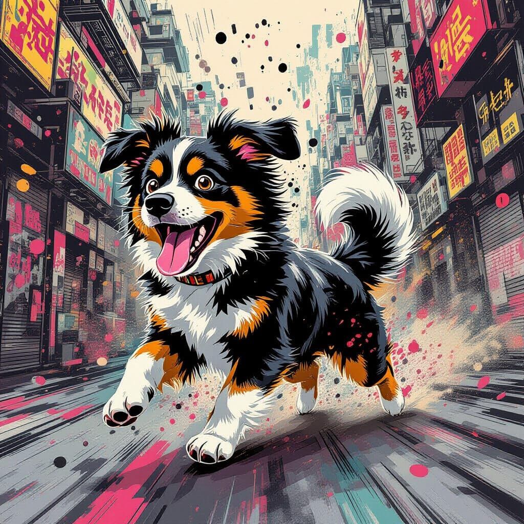 Cyberpunk Dog in Motion: A Mixed Media Masterpiece